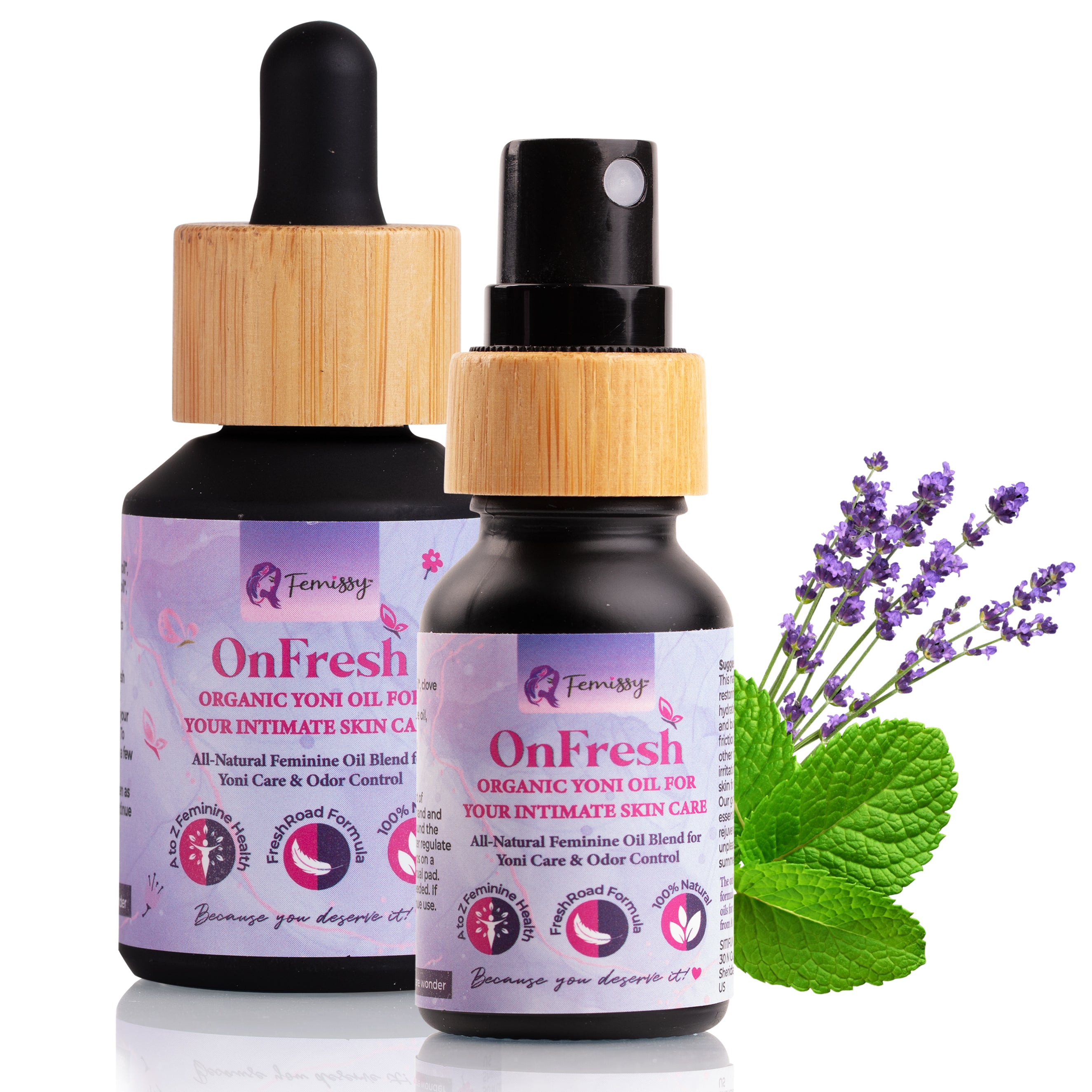 Natural Feminine Yoni Oil Dropper & Spray Duo (1 + 0.5 fl Oz) - Eliminate Vaginal Odor and Restore Feminine Confidence